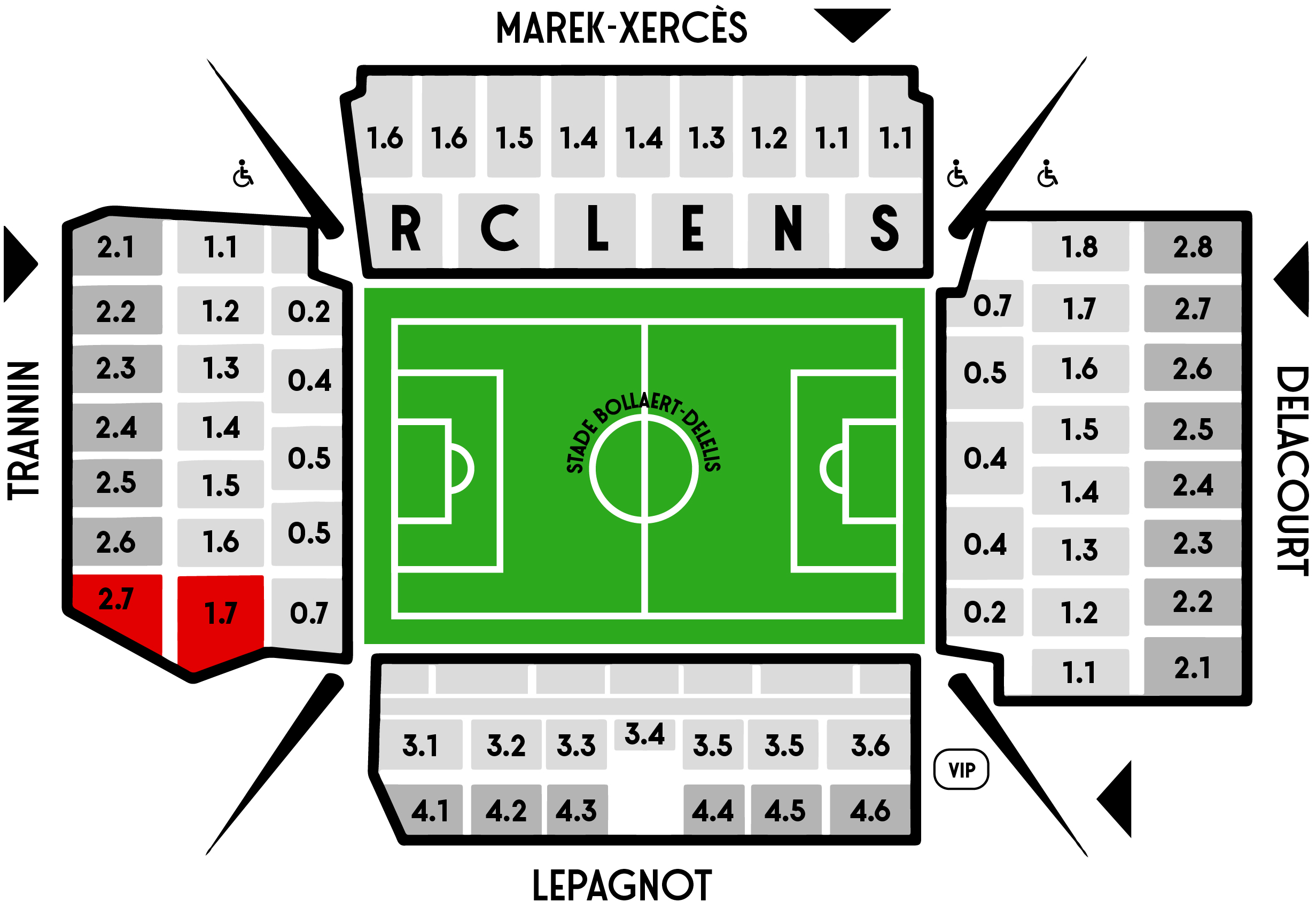 Plan tribunes stade Bollaert-Delelis rclens Saison 2023-2024